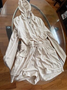 Fashion Nova Cream Hooded Romper with Drawstring Waist